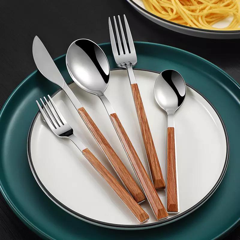 paket lengkap sendok garpu stainless korea wood grain handle kayu / cutlery set spoon fork knife steak tea spoon tea fork / sendok garpu sendok teh pisau steak garpu kecil gagang kayu