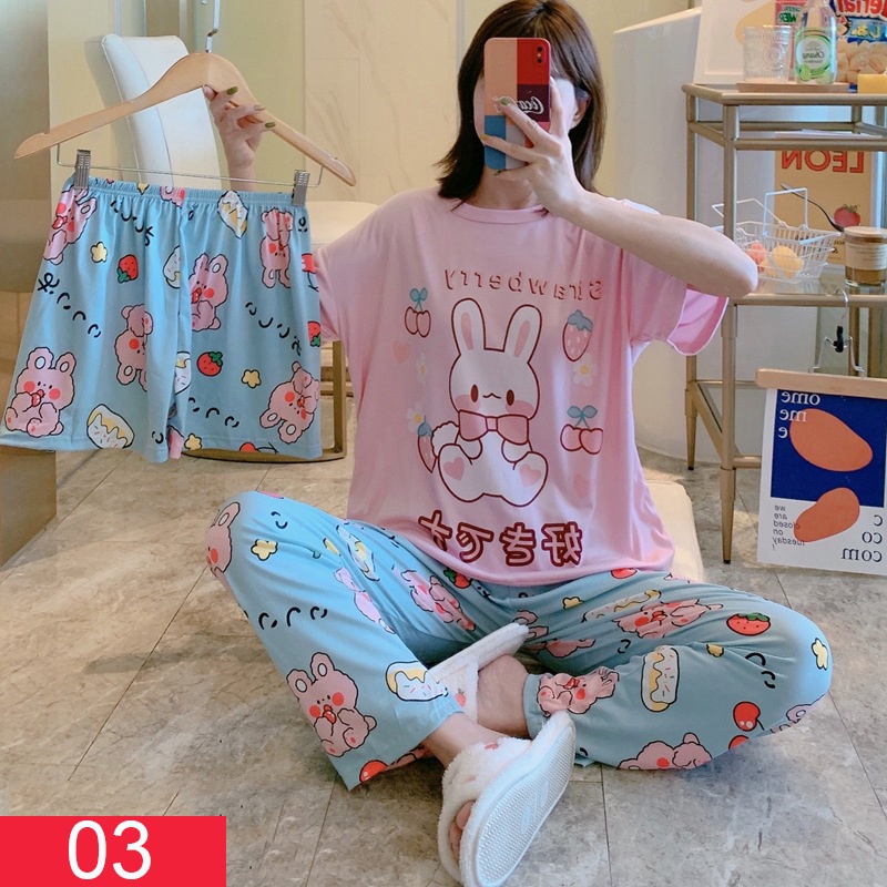 Setelan 3 Potong Baju Tidur Wanita All Size Piyama Perempuan Lengan Pendek Tiga pcs Potong Motif Karakter Mickey Mouse Doraemon