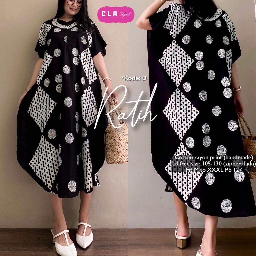 Daster kekinian bahan katun rayon print Ld 105-130cm zipper dada