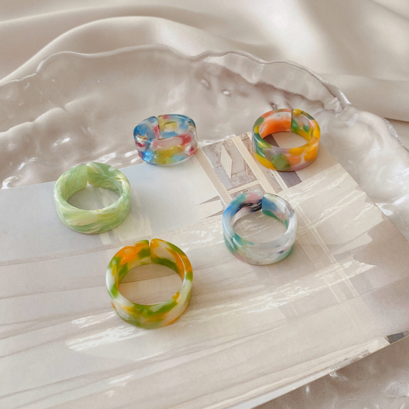 Simple geometric round candy color combination resin acrylic marble texture open ring set factory wholesale