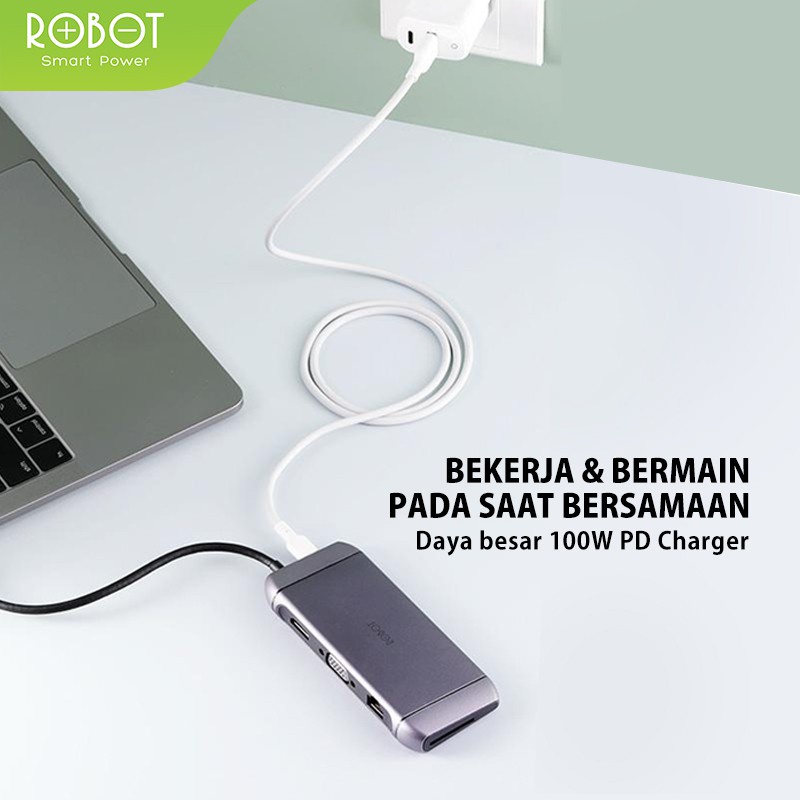 ROBOT HT490 9 in 1 USB C Hub Adapter With RJ45 HDMI 4K VGA 1080P PD 100W USB 3.0 SD/TF Card