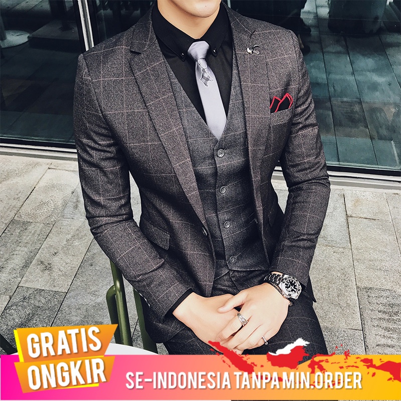 Jas Pria Pria Bisnis Suit Set Pria Setelan Jas Tiga Potong Korea Slim Fit Suit  Pertemuan Tahunan Ga