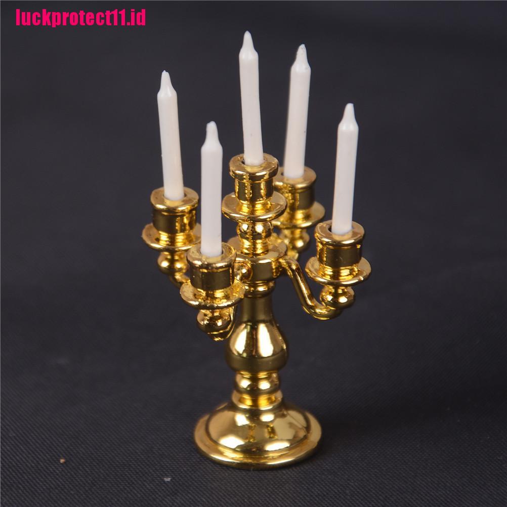 Lucktoy Mainan Miniatur Candelabra Emas + 5 Lilin Putih Skala 1: 12 Untuk Dekorasi Rumah Boneka