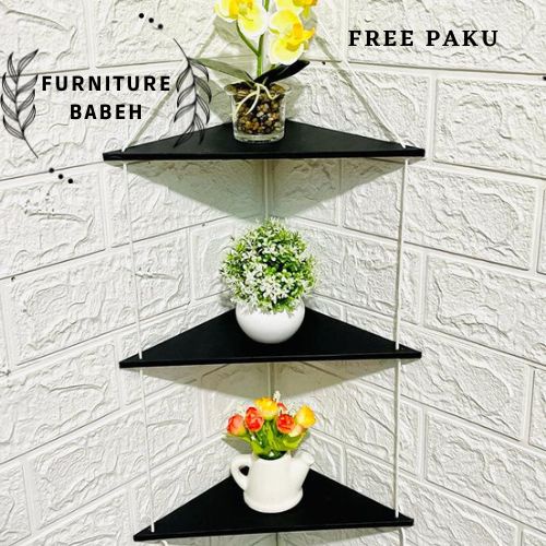 furniture rak gantung tali/rak sudut segitiga 3 susun/rak tatakan bunga/rak penyimpanan barang kesayangan/rak kosmetik/rak serbaguna minimalis dan estetick