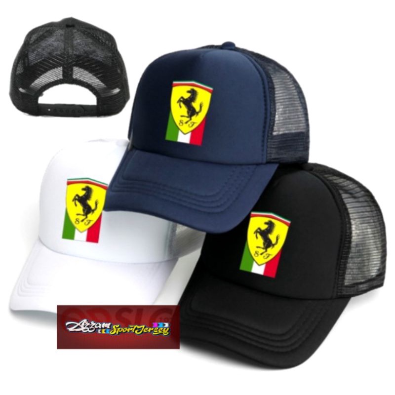 TOPI JARING TRUCKER LOGO FERRARI COSTUME NAMA DAN LOGO