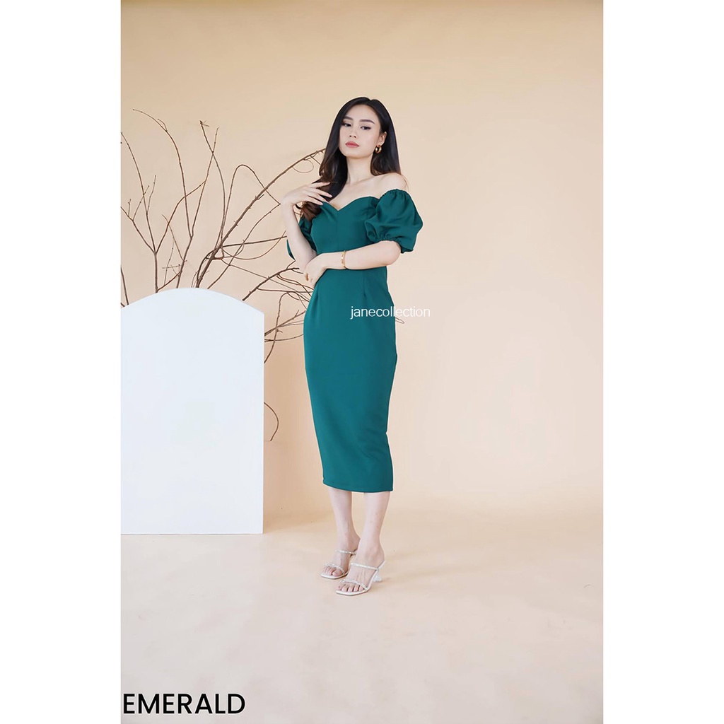 JANE COLLECTION || Maxi Bodycon Dress Pesta Lengan Balon Sweetheart Neck Sabrina Body Con Party Prime Scuba Hitam Maroon Putih Hijau Emerald Dress Bettsy