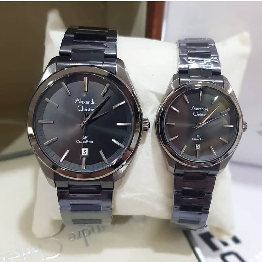 Jam Tangan Couple Ori Alexandre Christie AC Black Grey Hitam Abu Terbaru Wanita Pria Classic Simple