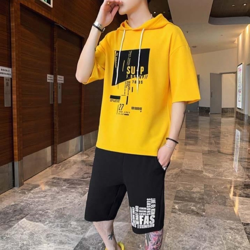 STELAN HOODIE PRIA HARAJUKU LENGAN PENDEK SETELAN COWOK DAN CELPEN PREMIUM