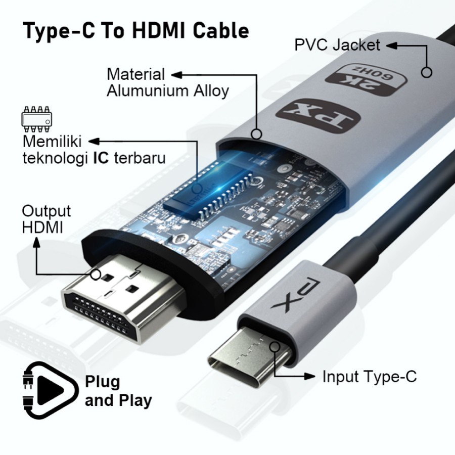 PX MHA-30C Kabel 2M MHL Type C Cable TV Proyektor Converter