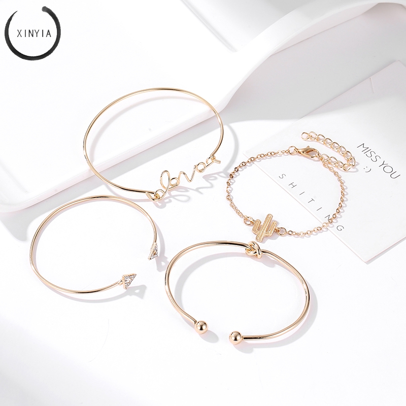 4Pcs/Set Gelang Women Gilr Gold Triangle Knot Love Cactus Opening Bangle Chain Bracelet