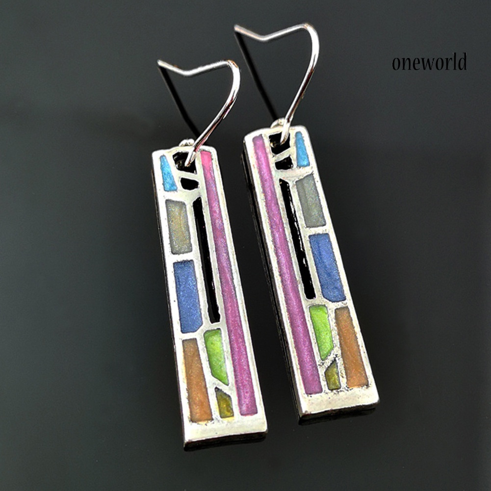 OW@ Party Fashion Colorful Hollow Out Rectangle Pendant Women Hook Earrings Jewelry