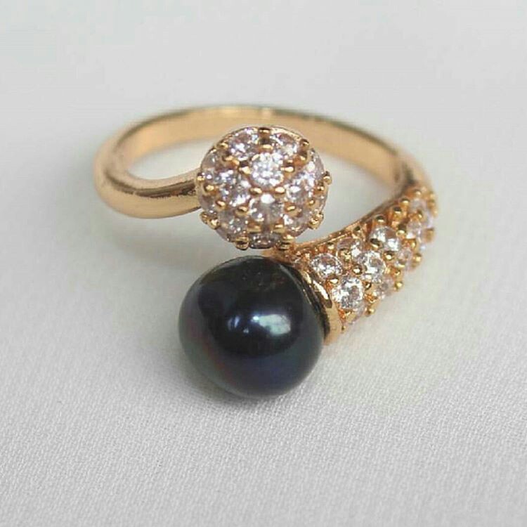 CINCIN RHODIUM MODEL BOLA SIRKON MUTIARA AIR TAWAR HITAM
