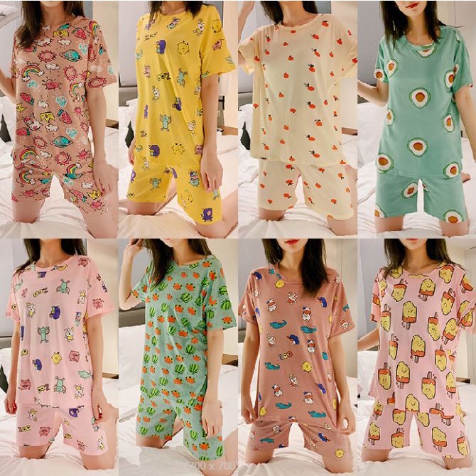 BV.ID BT562 BAJU TIDUR PAKAIAN CEWEK WANITA PIYAMA LENGAN PENDEK  MOTIF KARTUN LUCU