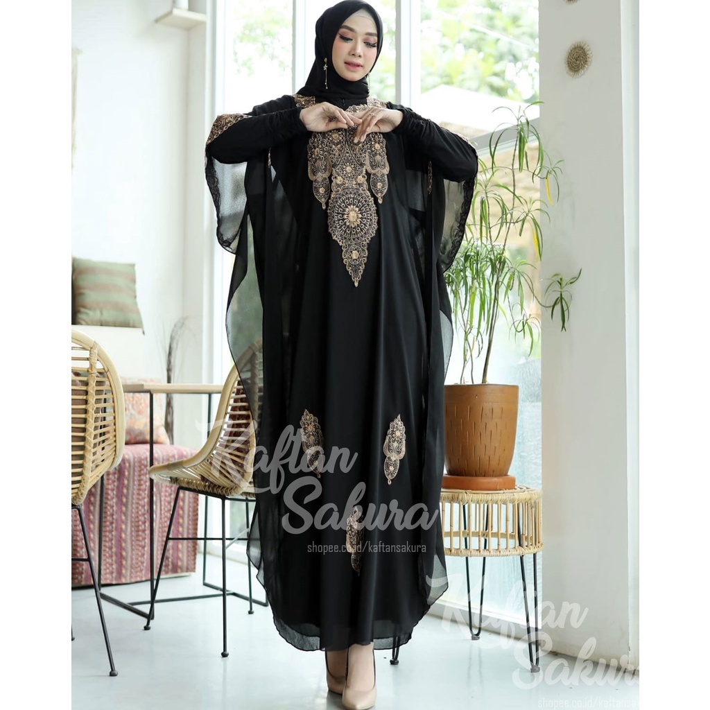 Baju Kaftan Wanita Bordir Gold Mewah Warna Hitam Terbaru untuk Pesta Kondangan Lebaran 2022 Best Seller termurah bisa Gojek Same Day Instant COD