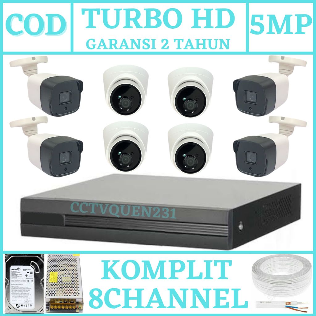 PAKET CCTV 8 CHANNEL 8 KAMERA 5MP TURBO HD IR SONY 1080P KOMPLIT TINGGAL PASANG