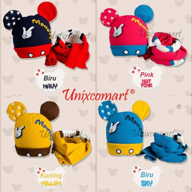 Topi Kupluk Anak Bayi Mickey Bahan Rajut Topi dan Syal