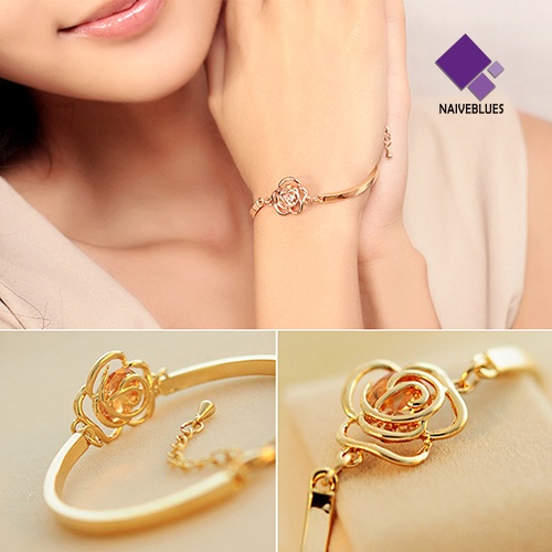 Naiveblue &gt; Gelang Tangan Rantai Cuff Motif Bunga Mawar Aksen Kristal Warna Gold Untuk Perhiasan Wanita