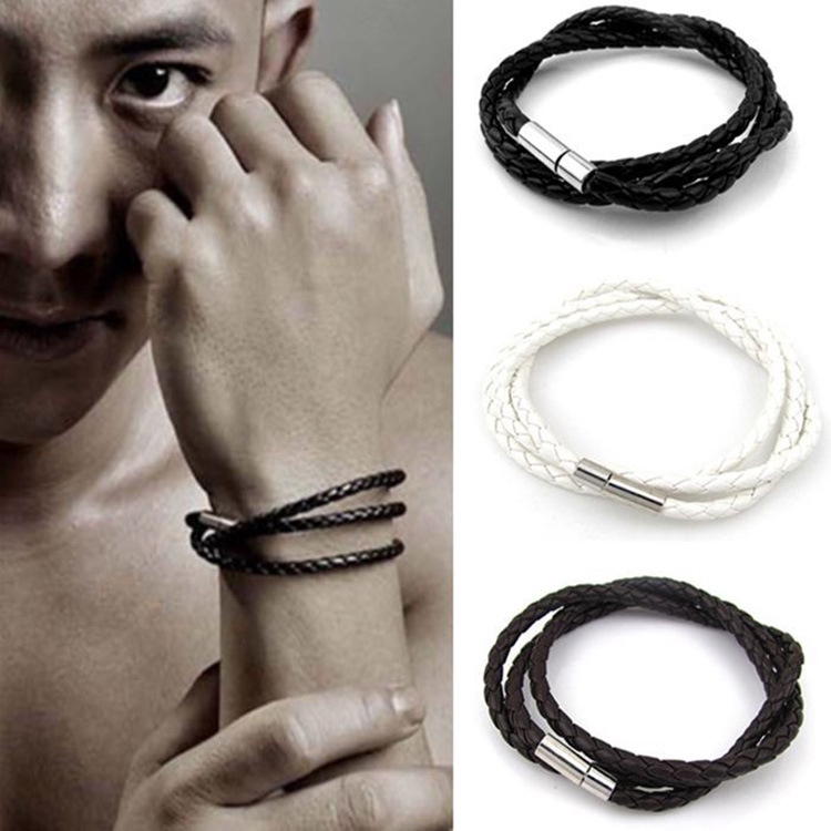 Korean Men's Multi Layer Braided Twist Bracelet Leather Rope Black Bracelet for Men