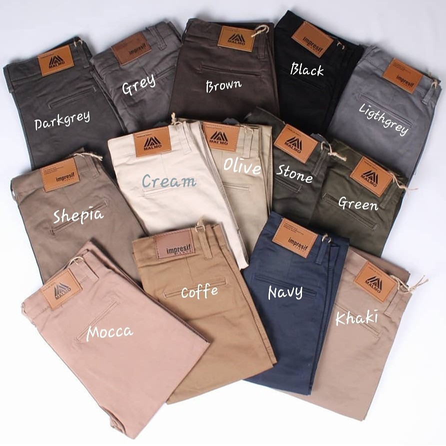 CELANA CHINO PANJANG SIZE BESAR BAHAN REGULER MEREK MALMO IMPRESIF WARNA HIJAU TUA MOCCA ABU CREAM