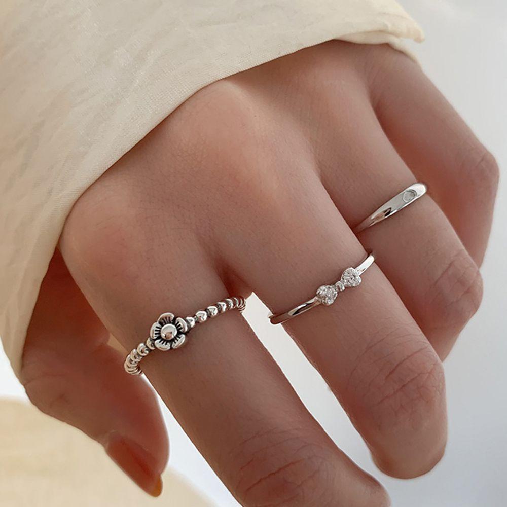 Mxbeauty Cincin Manik Perak Minoritas Manis Unik Elastis Rings Rantai Cinta Hati Perhiasan Aksesoris Beruang Alloy Geometris Rings