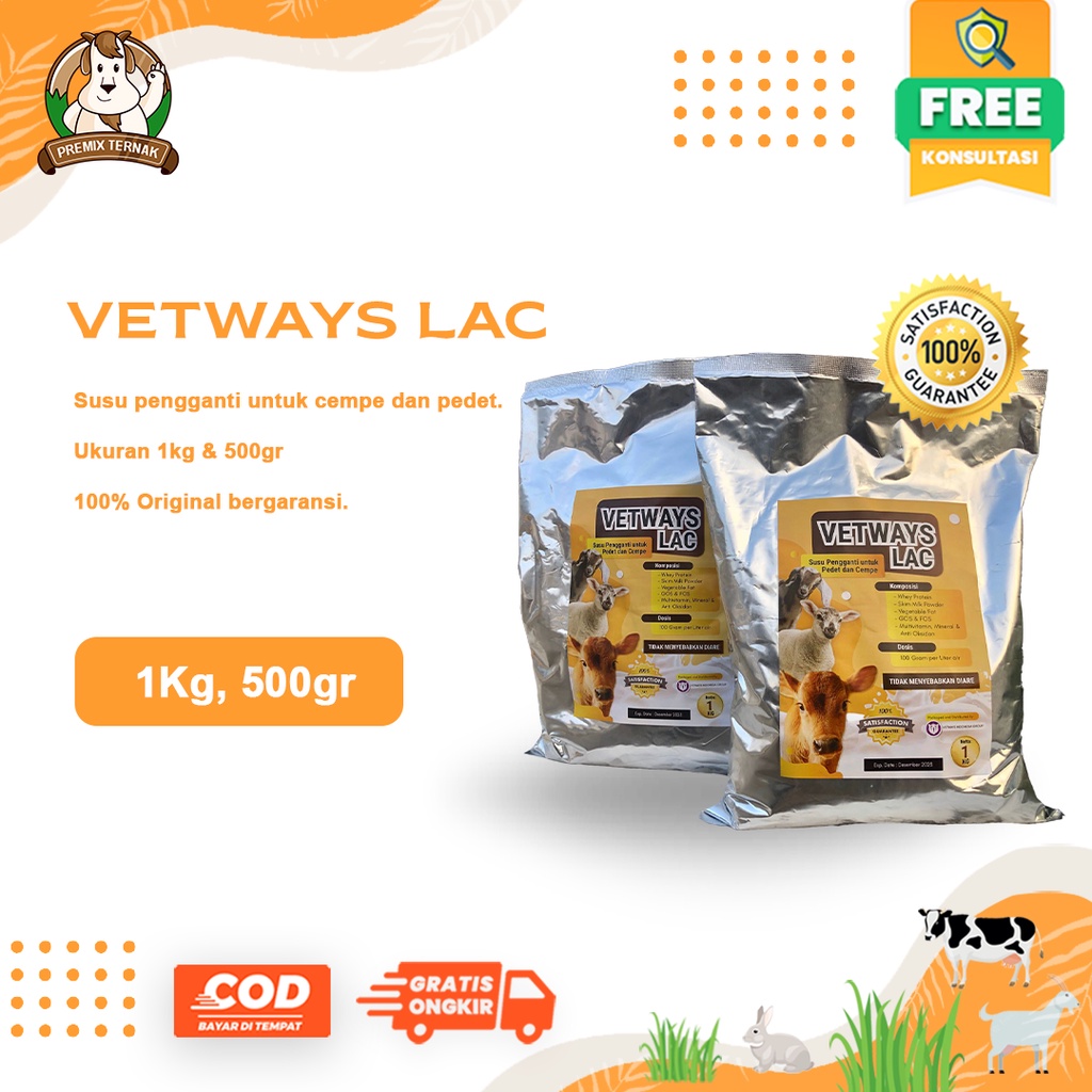 VETWAYS LAC 1 kg Susu Anti Diare | Susu Pengganti /Sambung Induk Sapi Kambing Domba Anti Mencret | Susu Pedet Cempe