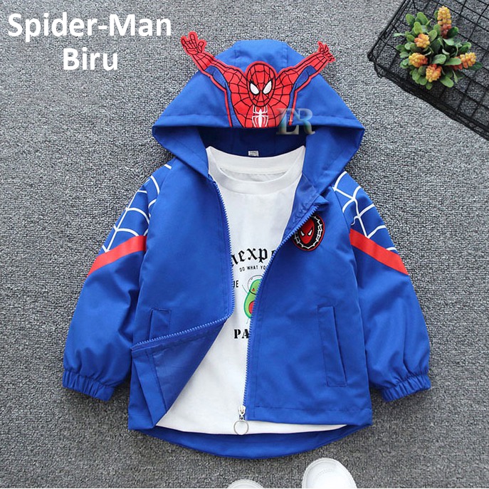 Jaket Anak Laki - Laki Motif Gambar Spider Man Dilengkapi Dengan Topi Hoodie Sweater Bahan Parasut Anti Air Anak Cowok Premium Quality Import for Boy Boys Jacket Cocok untuk Musim Panas atau Musim Dingin Baju Pakaian Hangat Spiderman