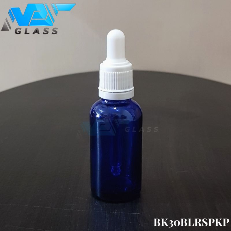 botol kaca pipet 30ml biru tebal - ring segel putih