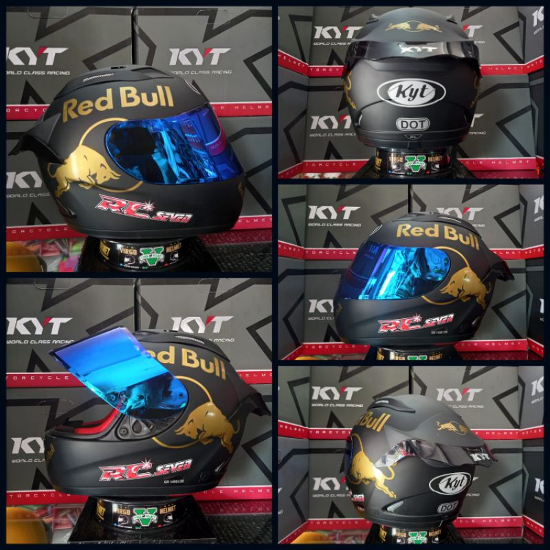 KYT Helm RC7 Solid Black Matt Red Bull Paket Ganteng Termurah