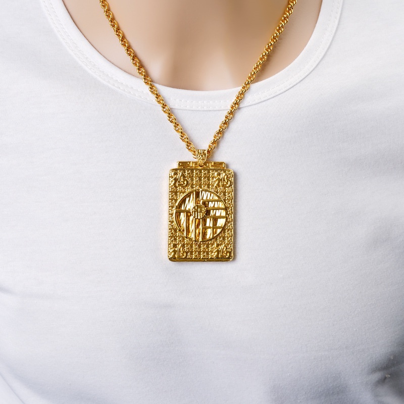Liontin Kalung Emas Asli Kadar 375 Desain Karakter Fu Hollow Gaya Retro Untuk Pria
