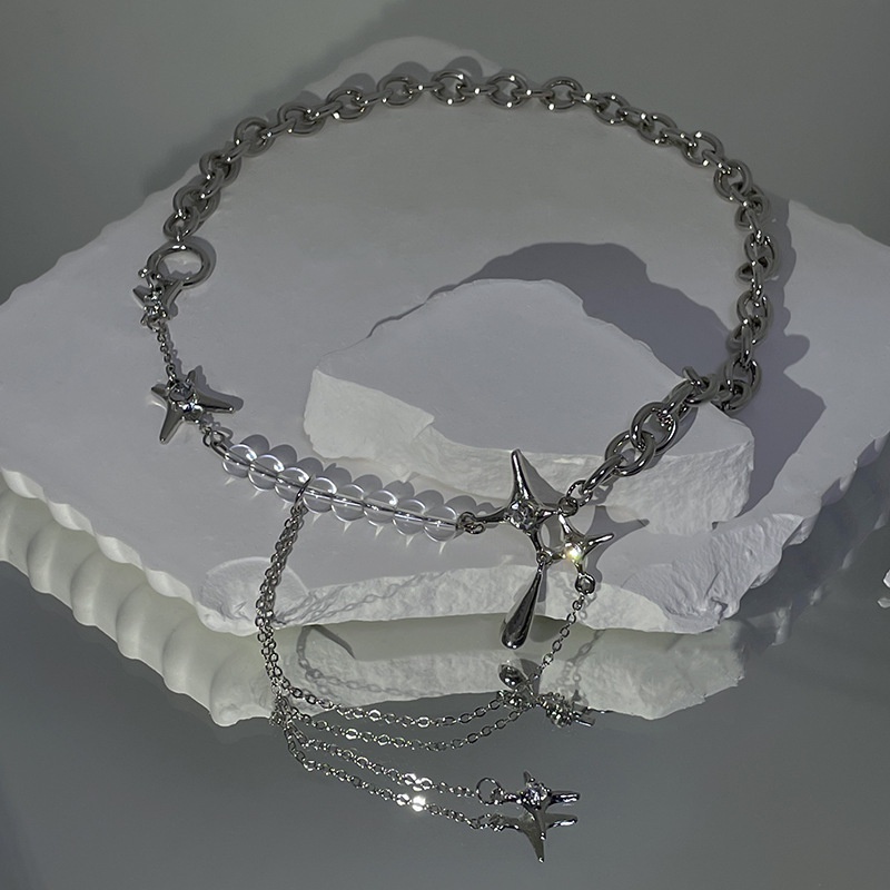 Kalung Choker Rantai Silver Hias Manik-Manik Kristal Bintang Untuk Wanita