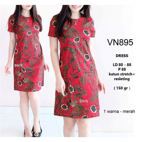 DRESS PESTA BATIK IMLEK FLARE DRESS KANTOR WANITA MODERN - Merah