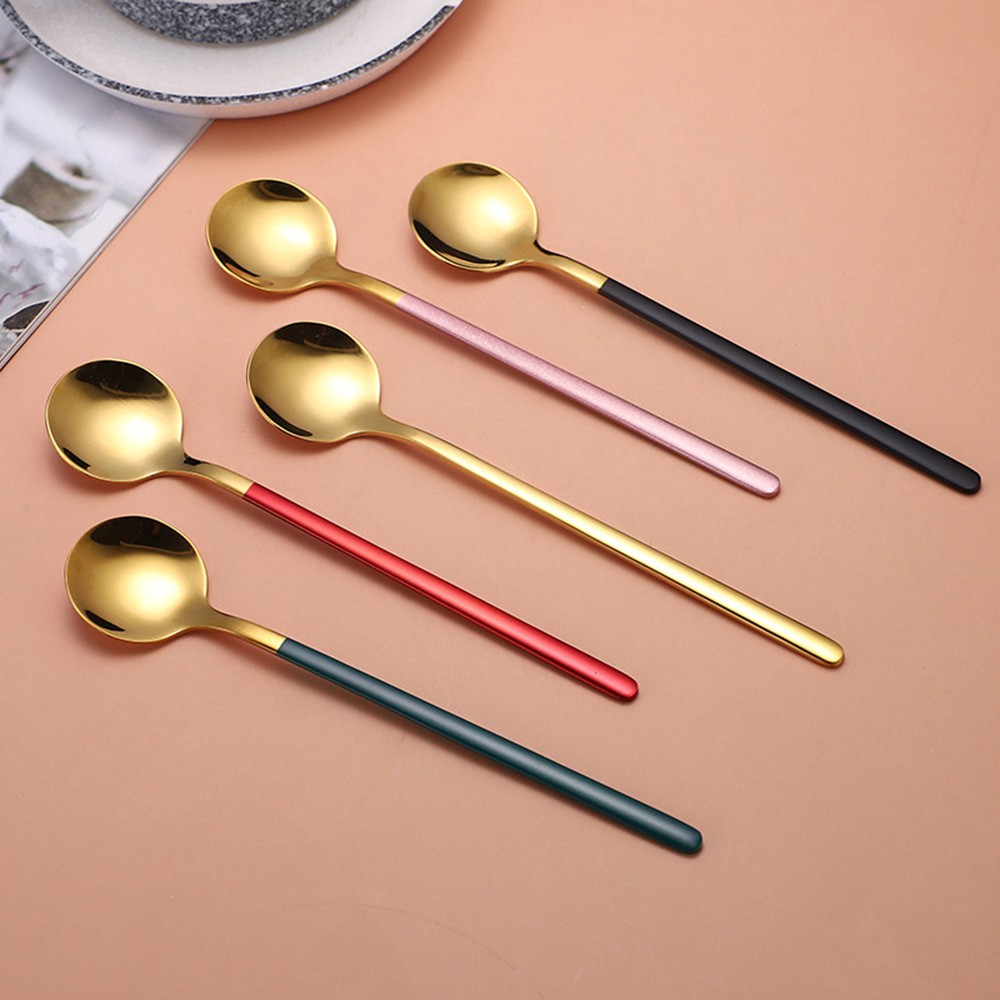 【COD Tangding】Round Head Spoon Cute Long Handle Spoon Stainless Steel Soup Spoon Dinner Spoon Western Food Spoon Adult Large Spoon