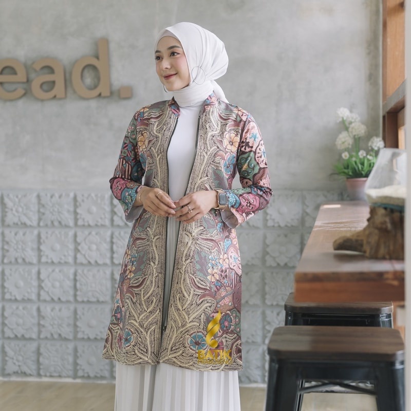 SALSA Prabuseno Atasan Batik Kerja Wanita Model Tunik Lengan Panjang Resleting Depan Baju Busui Baha
