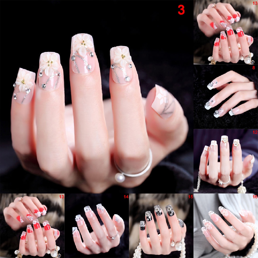 24pcs / Set Kuku Palsu Transparan Motif Bunga Aksen Manik-Manik Untuk Nail Art / Manicure Diy