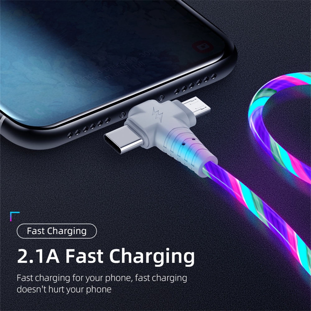 3in1 Kabel Data / Charger Micro USB / Tipe-C Fast Charging Dengan Lampu Menyala Untuk Semua Jenis Hp