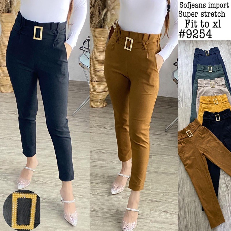 Celana Soft jeans Wanita Import Pants Belt 9254