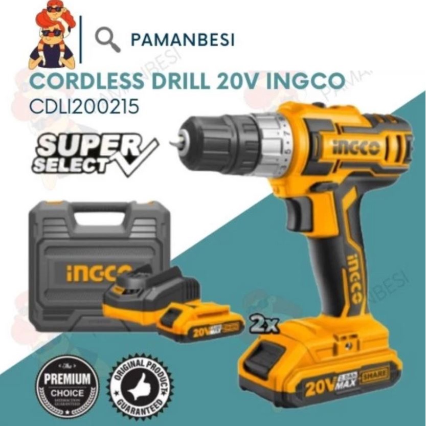 MESIN BOR CORDLESS 20V BATERAI INGCO 2 Battery 1 Charger CDLI200215