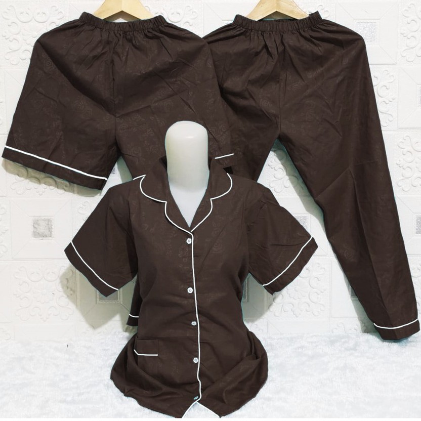 ISANNY PIYAMA SET 3IN1 SIZE.XL/PIYAMA SATIN EMBOS 3 IN 1/WARNA TERBANYAK/READY STOK/REAL PICT-COKLAT TUA