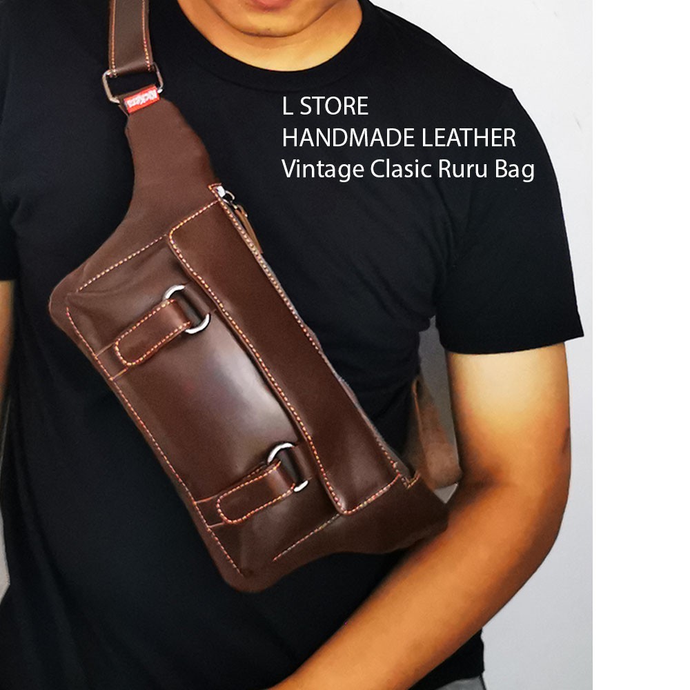 Waist bag kulit asli Vintage Old school tas selempang kulit asli