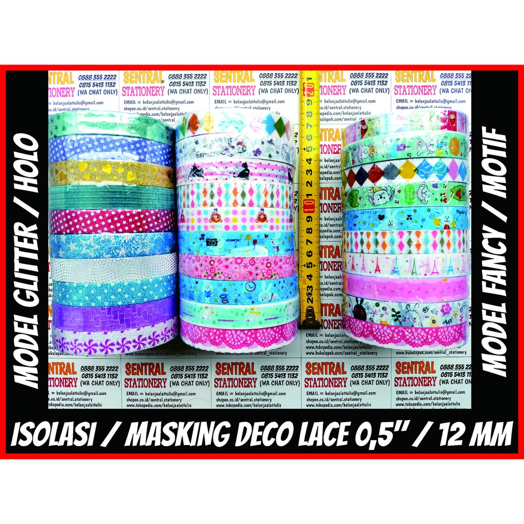 masking deco lace tape selotip isolasi fancy / glitter hologram 0,5 inch x 72 yards