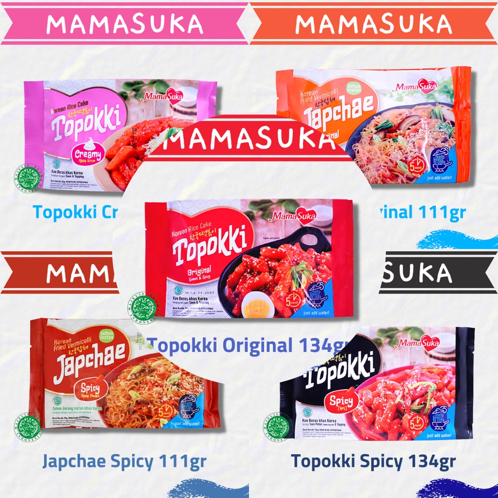 

Mamasuka Topokki Original Creamy Spicy | Toppoki Tteokbokki Japchae Cemilan Makanan Instan Halal