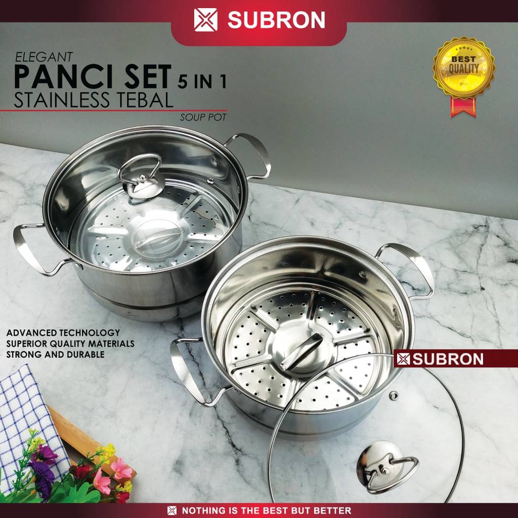 SUBRON Stock Pot Set Panci Tinggi Soup Tutup Stainless 5in1 + Steamer