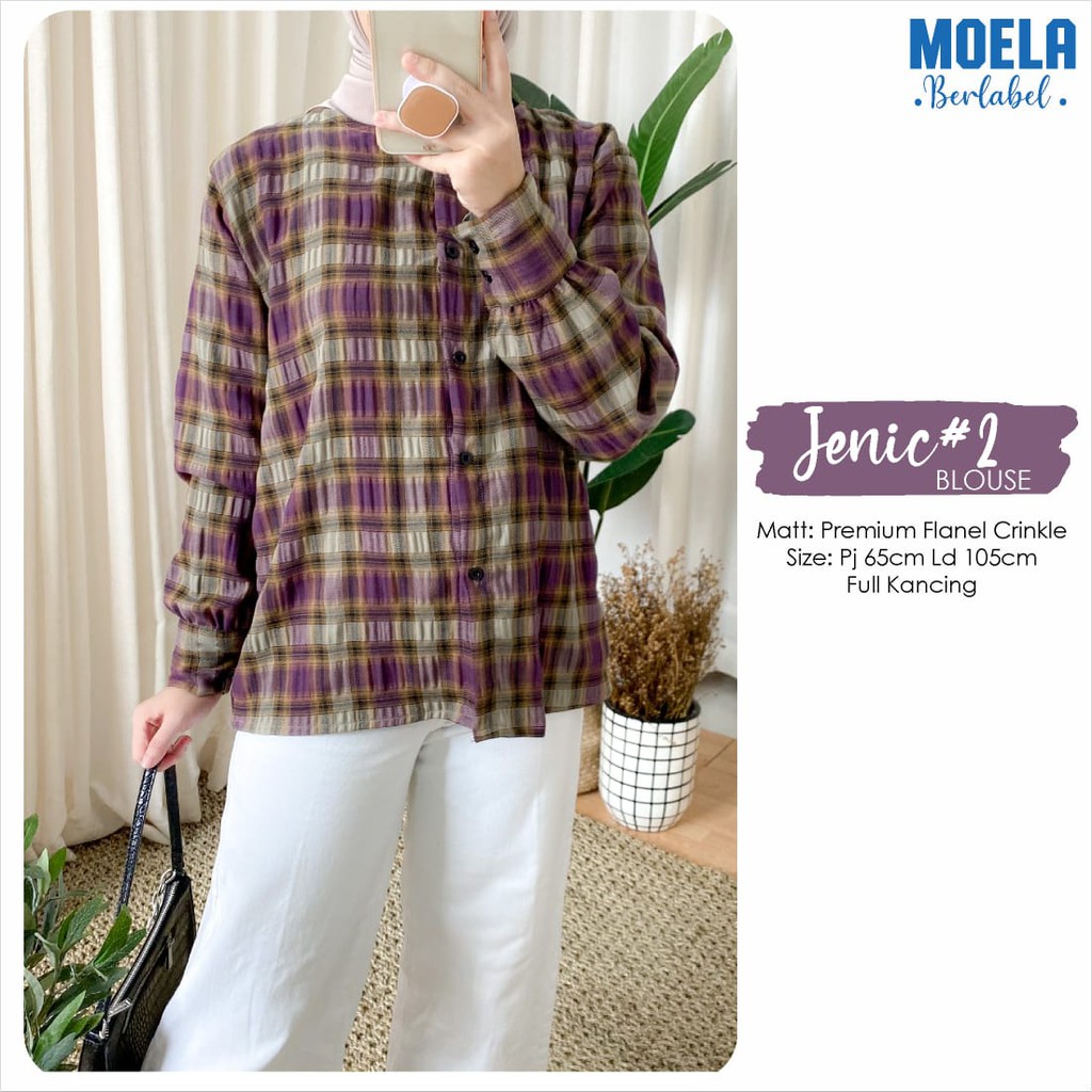 blouse ld 105 JENIE ori MOELA berlabel fashion atasan wanita motif square kotak lengan panjang daily
