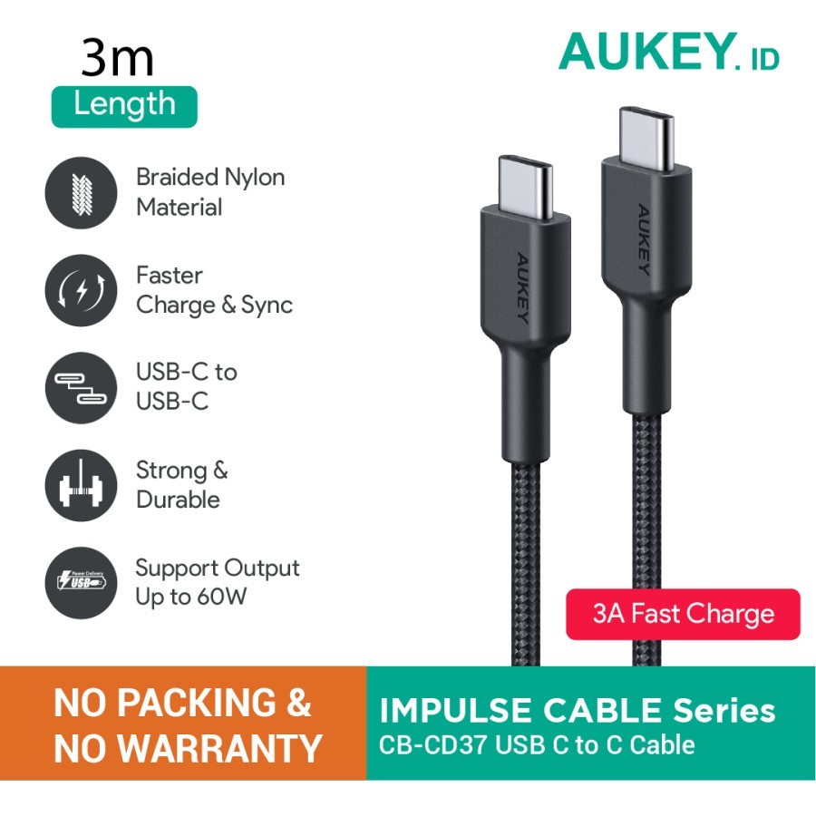 Kabel Aukey CB-CD37 USB C To C 3A (NO PACKING &amp; NO WARRANTY) - 300CM
