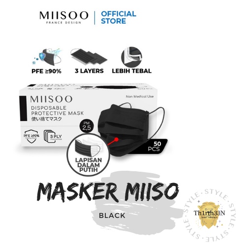MIISOO Disposable Masker Hitam Black Edition 50pcs Masker Kesehatan 3ply Earloop