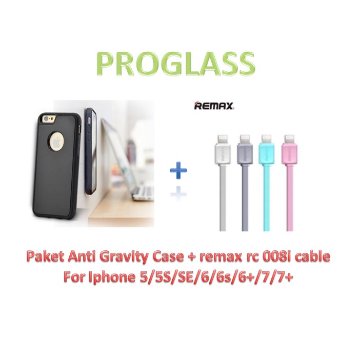 PAKET ANTI GRAVITY CASE Iphone 5/6/6+/7/7+ + Kabel Data Remax Rc008i