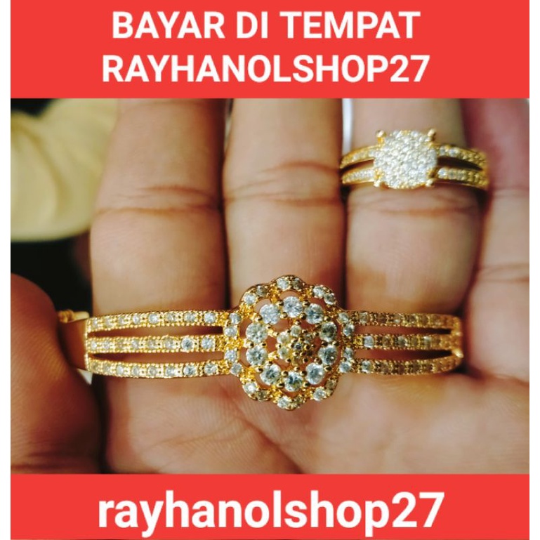 set perhiasan wanita titanium Gelang Tangan free cincin motif bunga matahari full permata anti alergi lapis emas