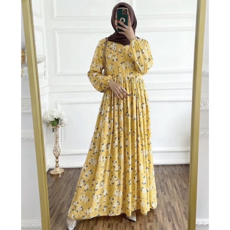 DRESS TUNIK REMAJA LENGAN PANJANG BAJU MUSLIM MOTIF BUNGA BAHAN KATUN RAYON ADEM