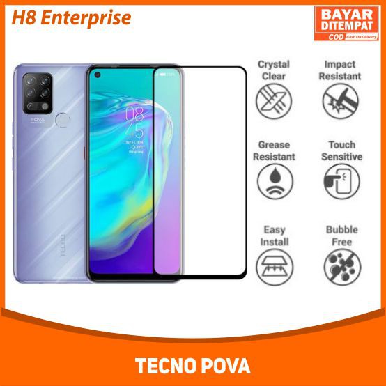 H8 Tempered Glass 9D Tecno Pova Tempered Glass Full Layar Full Cover Full Glue