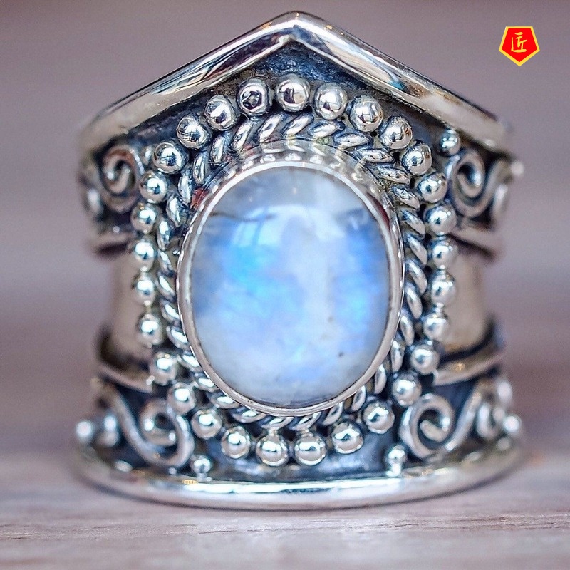 [Ready Stock]Retro Moonstone Silver Ring Women's Black Agate Turquoise